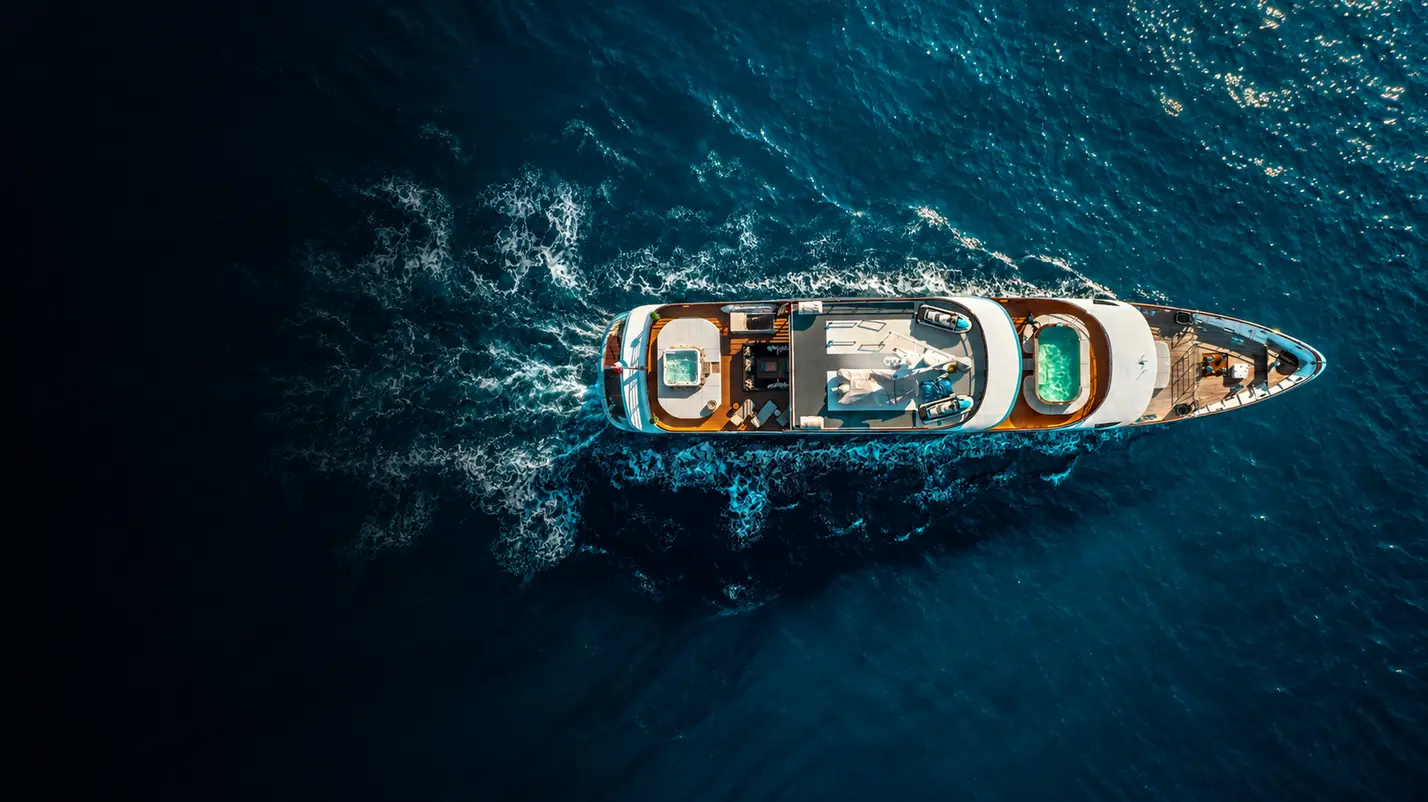 motor yacht, captured from above, gliding in the deep blue water.