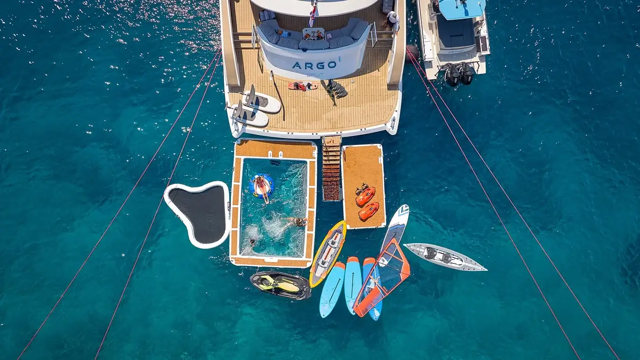 ARGO yacht beach club with swimming platform and water toys