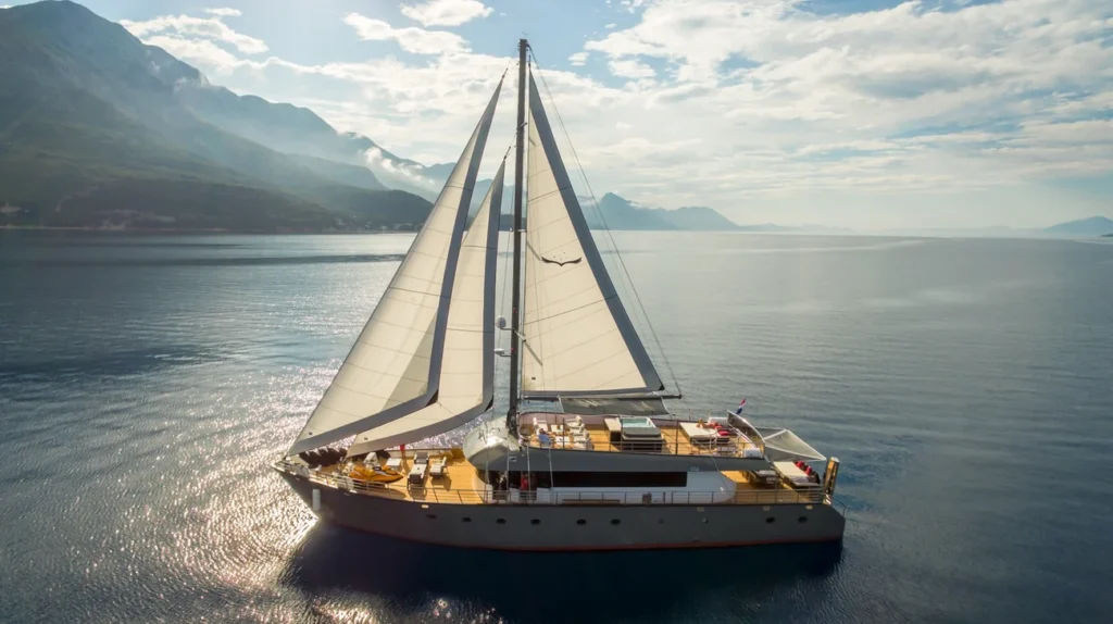 Aerial view of Rara Avis cruising beside the Croatian coastline.